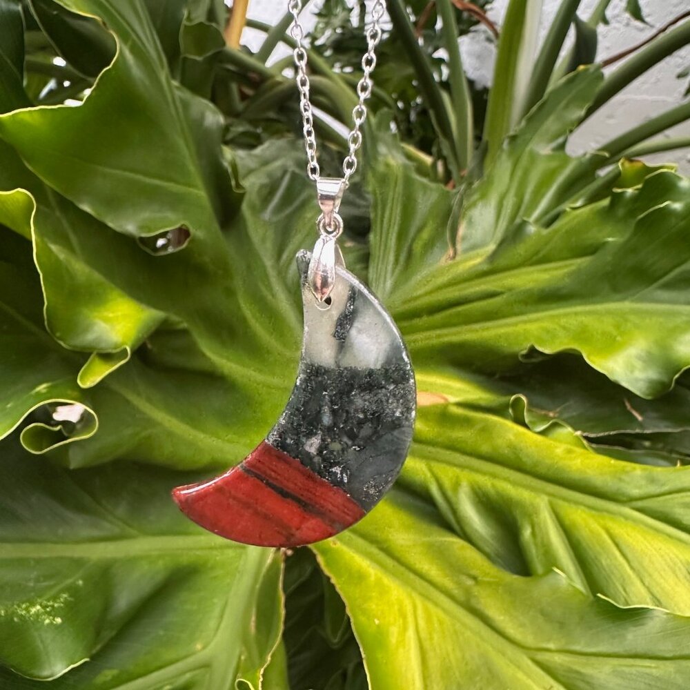 NEW African Bloodstone Crescent Moon Pendant Necklace
